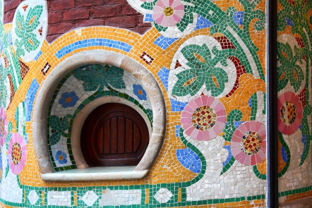 Ticket booth with floral mosaic tiles