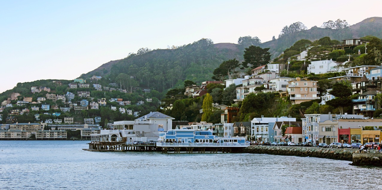 The shoreline Sausalito is lined with expensive restaurants and beautiful houses.